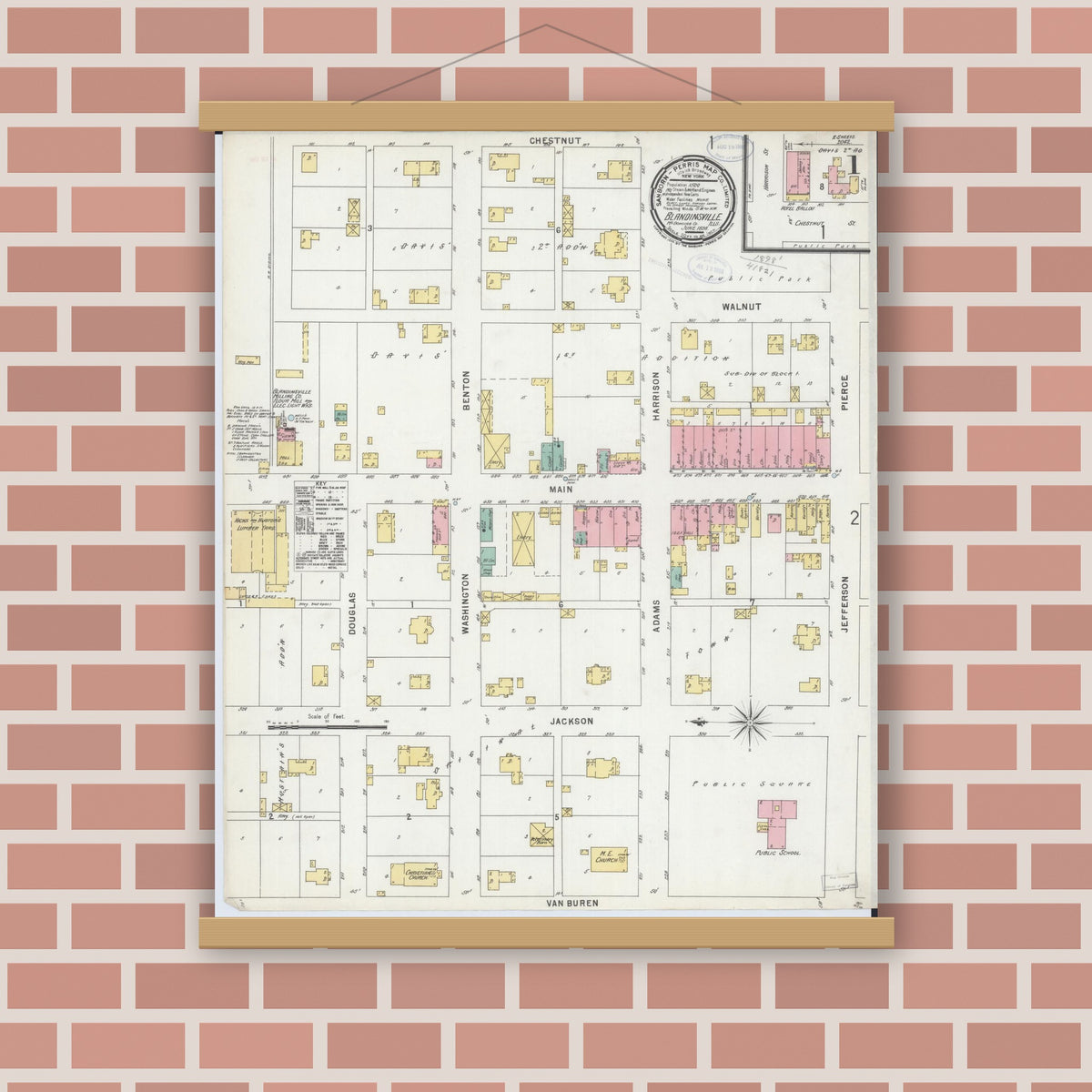 Old map wall art mockup — magnetic wood frame on brick wall — Sanborn Fire Insurance Map from Blandinsville, Mcdonough County, Illinois (1898) - Complete Map Set