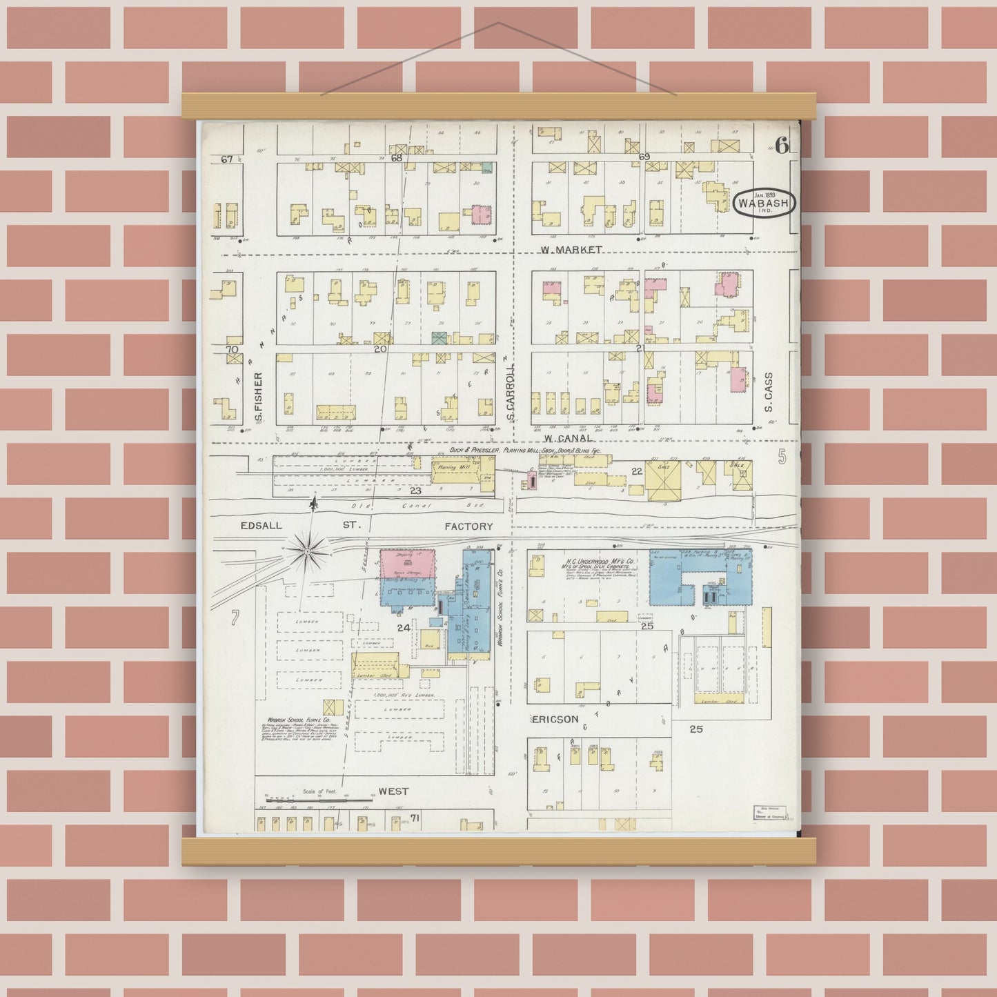 Old map wall art mockup — magnetic wood frame on brick wall — Sanborn Fire Insurance Map from Wabash, Wabash County, Indiana (1893), Sheet #0006