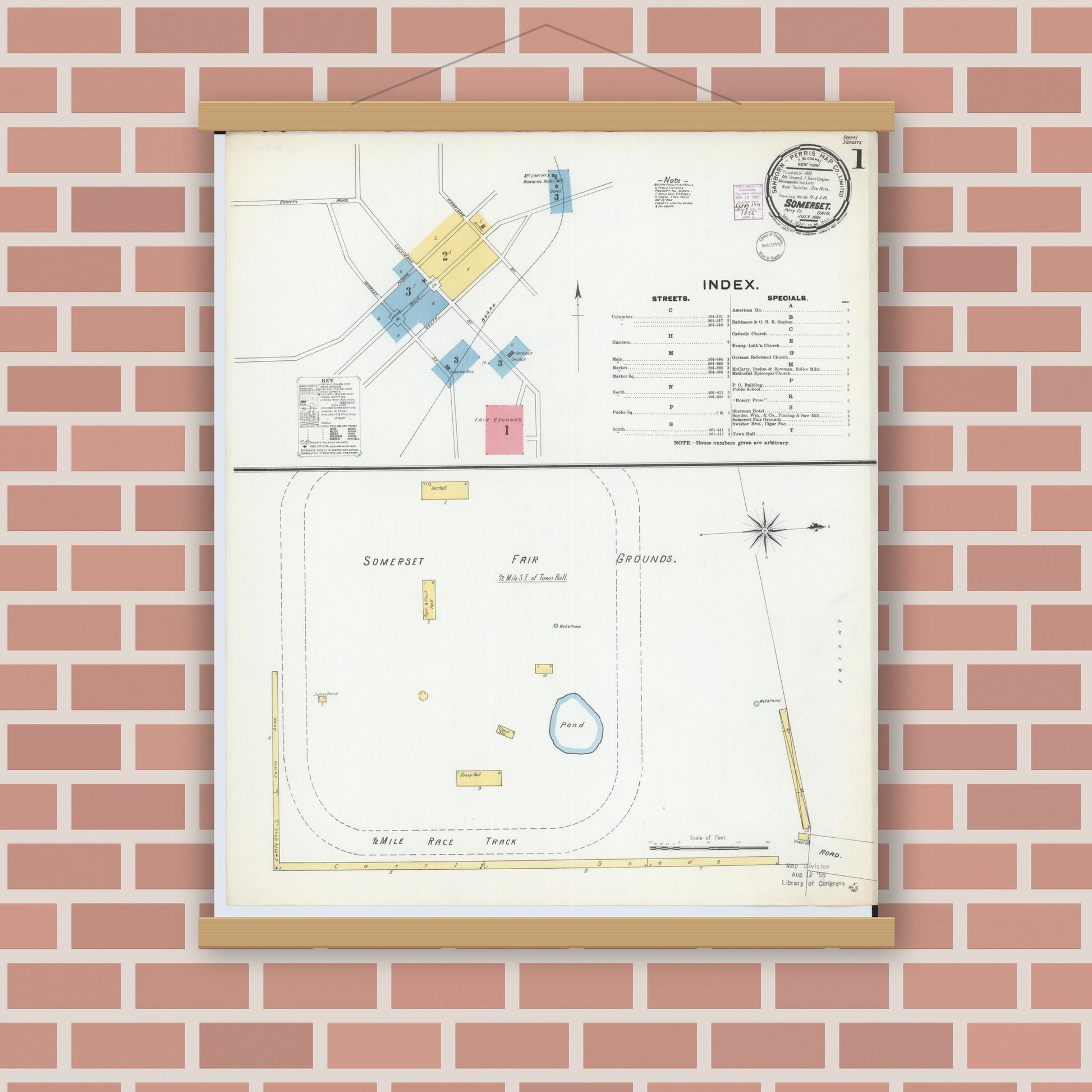 Old map wall art mockup — magnetic wood frame on brick wall — Sanborn Fire Insurance Map from Somerset, Perry County, Ohio (1901) - Complete Map Set