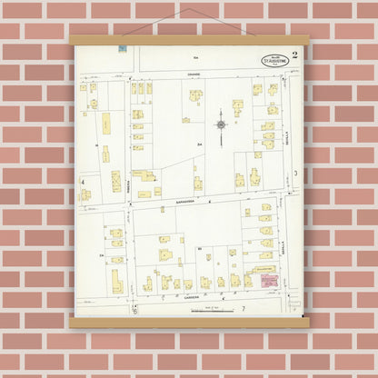Old map wall art mockup — magnetic wood frame on brick wall — Sanborn Fire Insurance Map from Saint Augustine, Saint John's County, Florida (1910), Sheet #0002