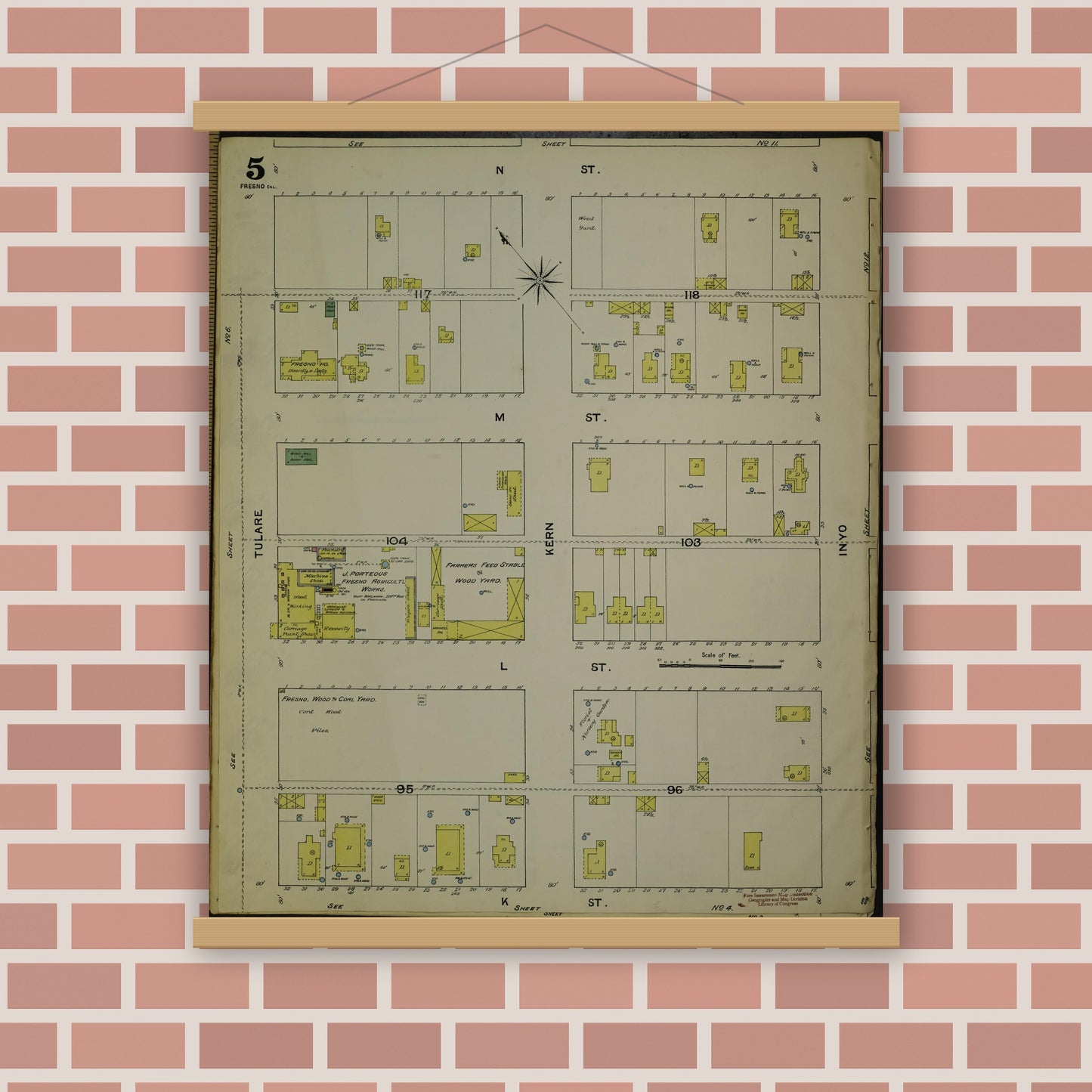 Old map wall art mockup — magnetic wood frame on brick wall — Sanborn Fire Insurance Map from Fresno, Fresno County, California (1888), Sheet #0005