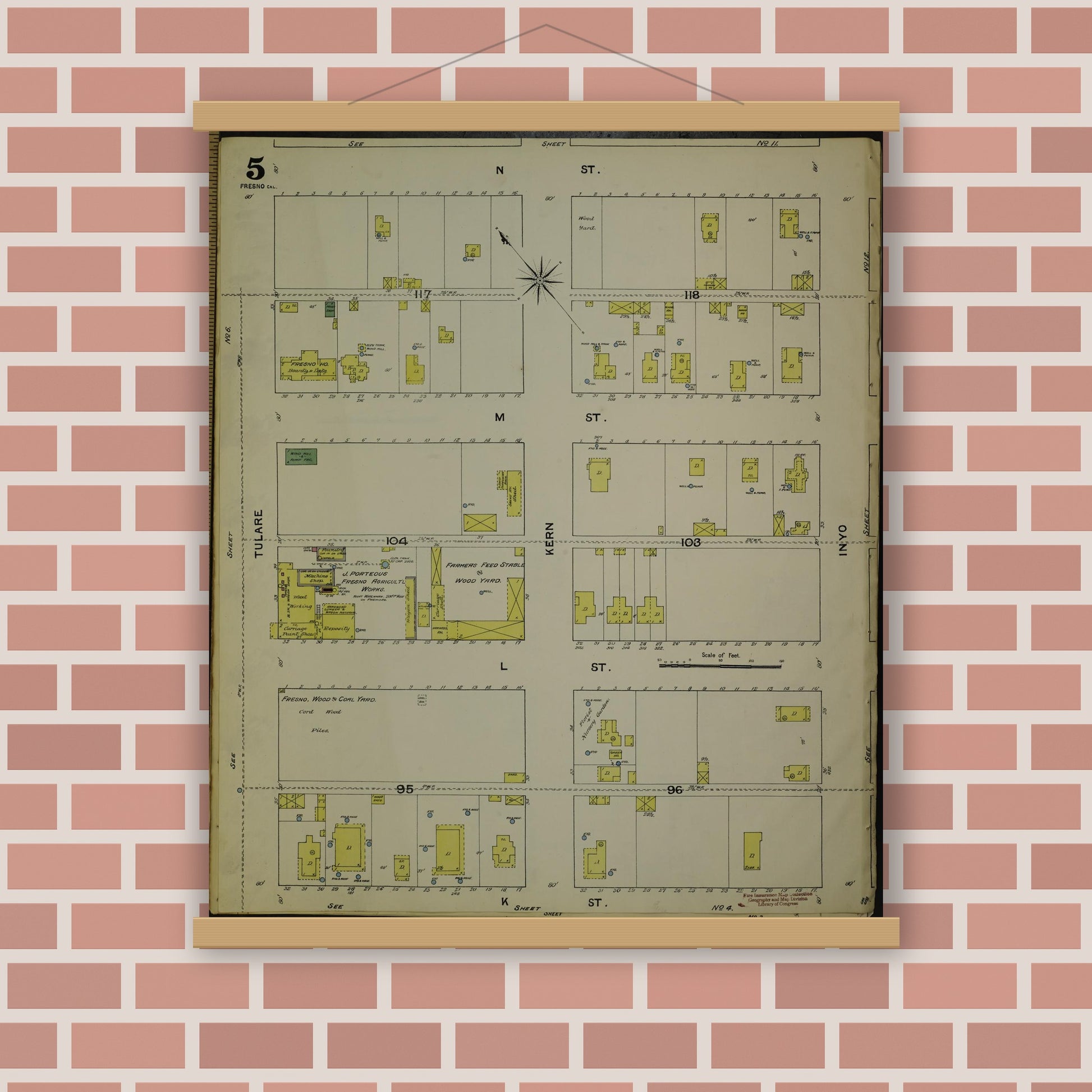 Old map wall art mockup — magnetic wood frame on brick wall — Sanborn Fire Insurance Map from Fresno, Fresno County, California (1888), Sheet #0005