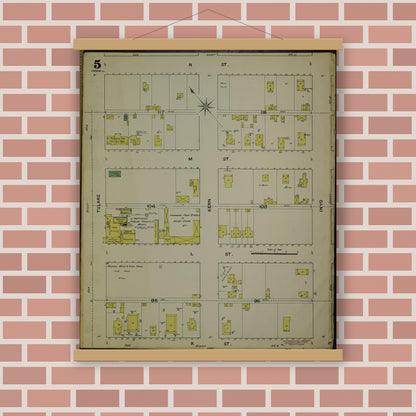 Old map wall art mockup — magnetic wood frame on brick wall — Sanborn Fire Insurance Map from Fresno, Fresno County, California (1888), Sheet #0005