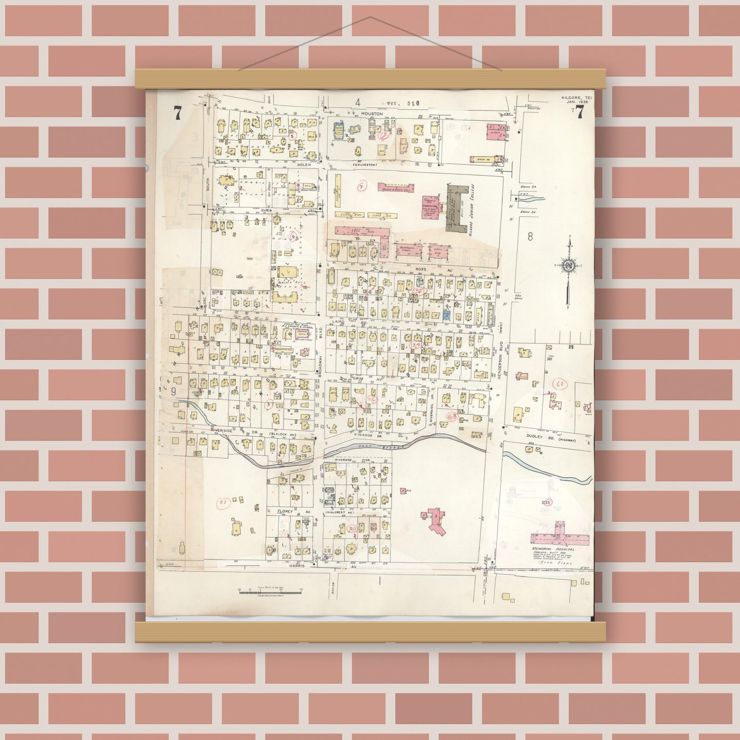 Old map wall art mockup — magnetic wood frame on brick wall — Sanborn Fire Insurance Map from Kilgore, Gregg County, Texas (1950), Sheet #0007