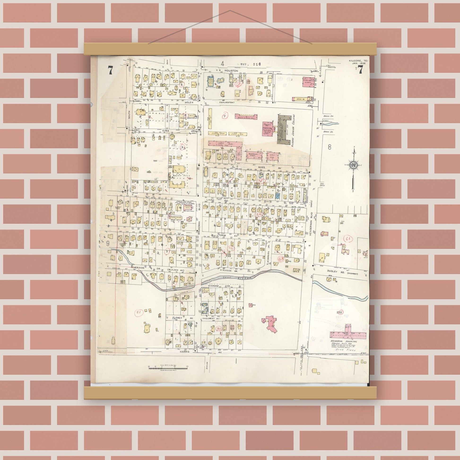 Old map wall art mockup — magnetic wood frame on brick wall — Sanborn Fire Insurance Map from Kilgore, Gregg County, Texas (1950), Sheet #0007