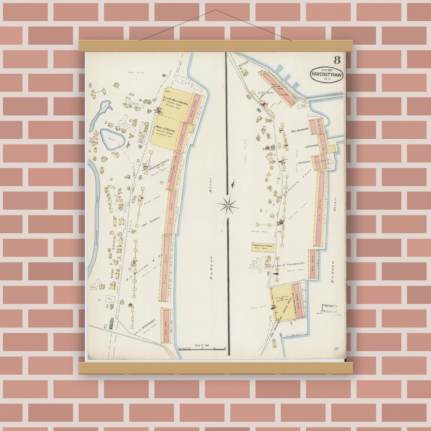 Old map wall art mockup — magnetic wood frame on brick wall — Sanborn Fire Insurance Map from Haverstraw, Rockland County, New York (1887), Sheet #0008