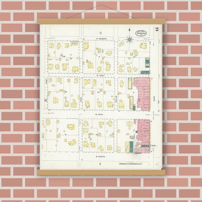 Old map wall art mockup — magnetic wood frame on brick wall — Sanborn Fire Insurance Map from Bonham, Fannin County, Texas (1909), Sheet #0002