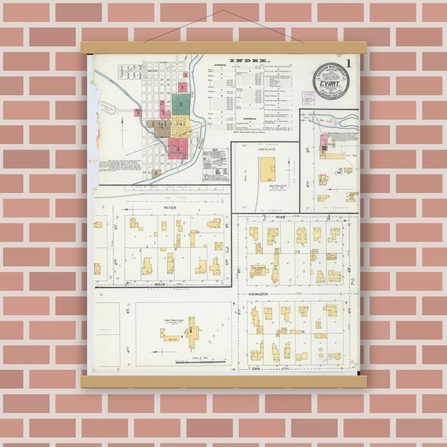 Old map wall art mockup — magnetic wood frame on brick wall — Sanborn Fire Insurance Map from Evart, Osceola County, Michigan (1904) - Complete Map Set