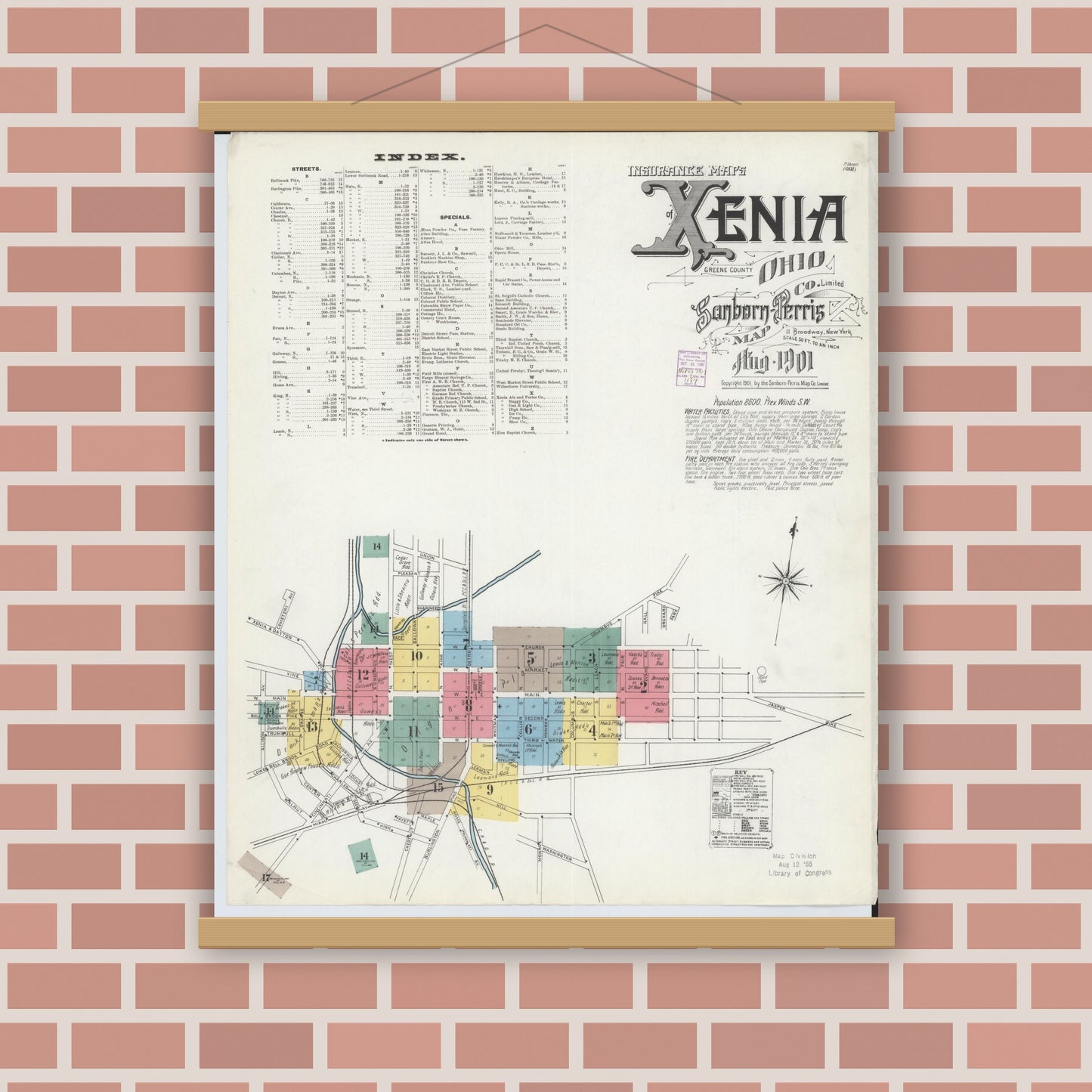 Old map wall art mockup — magnetic wood frame on brick wall — Sanborn Fire Insurance Map from Xenia, Greene County, Ohio (1901) - Complete Map Set