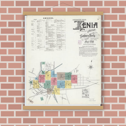 Old map wall art mockup — magnetic wood frame on brick wall — Sanborn Fire Insurance Map from Xenia, Greene County, Ohio (1901) - Complete Map Set