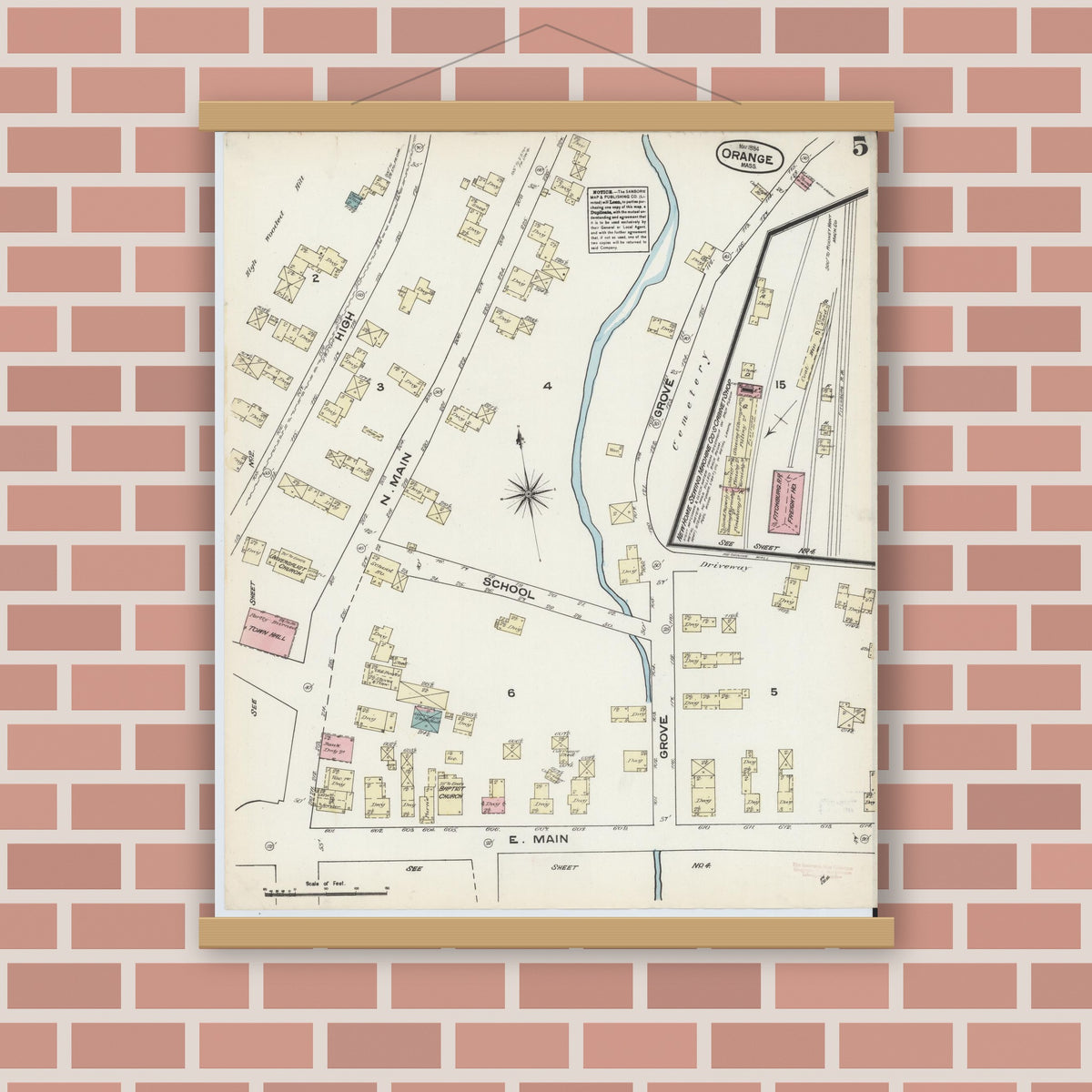 Old map wall art mockup — magnetic wood frame on brick wall — Sanborn Fire Insurance Map from Orange, Franklin County, Massachusetts (1884), Sheet #0005