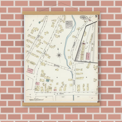 Old map wall art mockup — magnetic wood frame on brick wall — Sanborn Fire Insurance Map from Orange, Franklin County, Massachusetts (1884), Sheet #0005