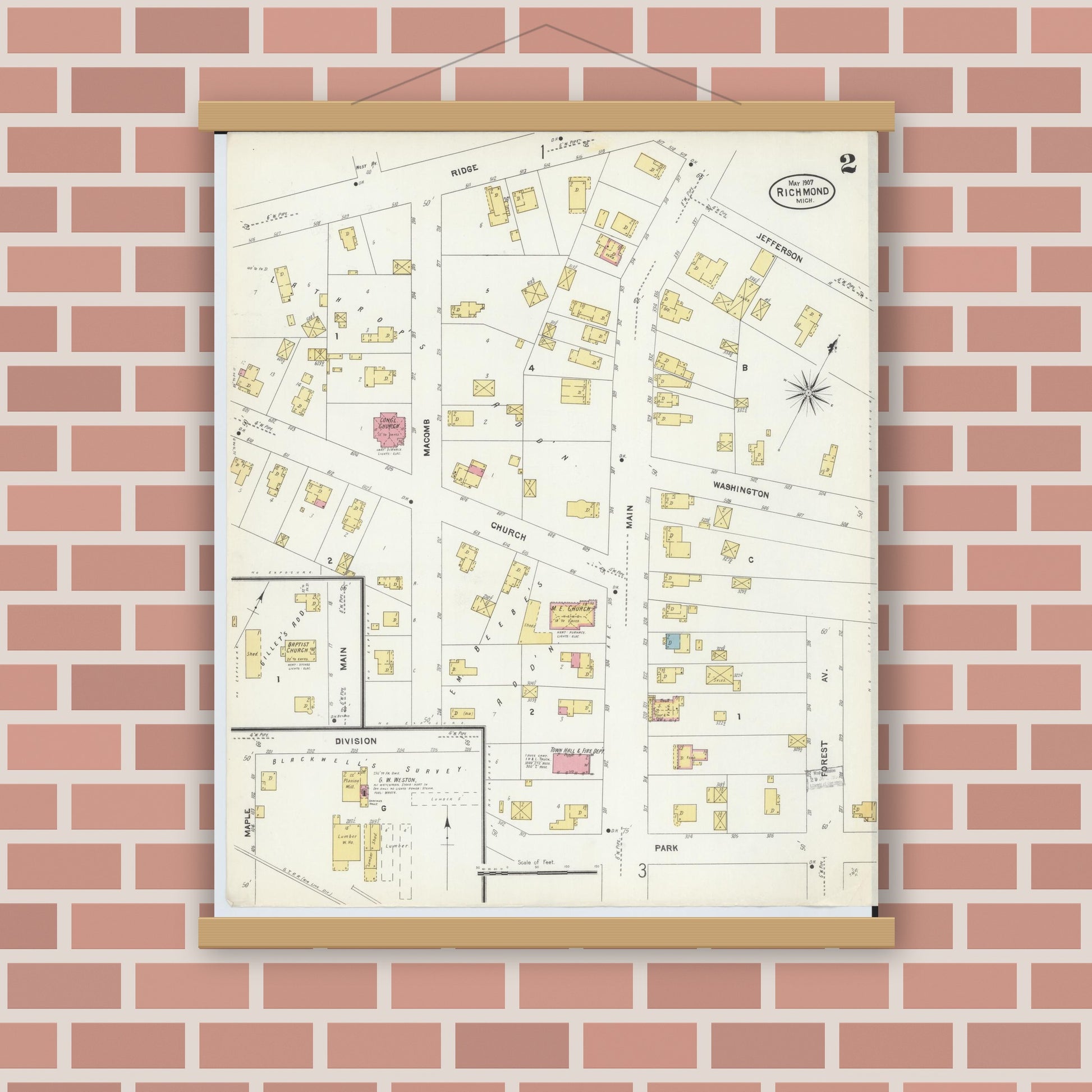 Old map wall art mockup — magnetic wood frame on brick wall — Sanborn Fire Insurance Map from Richmond, Macomb County, Michigan (1907), Sheet #0002