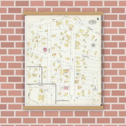 Old map wall art mockup — magnetic wood frame on brick wall — Sanborn Fire Insurance Map from Richmond, Macomb County, Michigan (1907), Sheet #0002