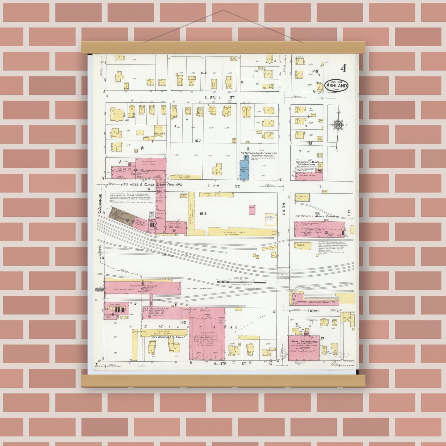 Old map wall art mockup — magnetic wood frame on brick wall — Sanborn Fire Insurance Map from Ashland, Ashland County, Ohio (1919), Sheet #0004