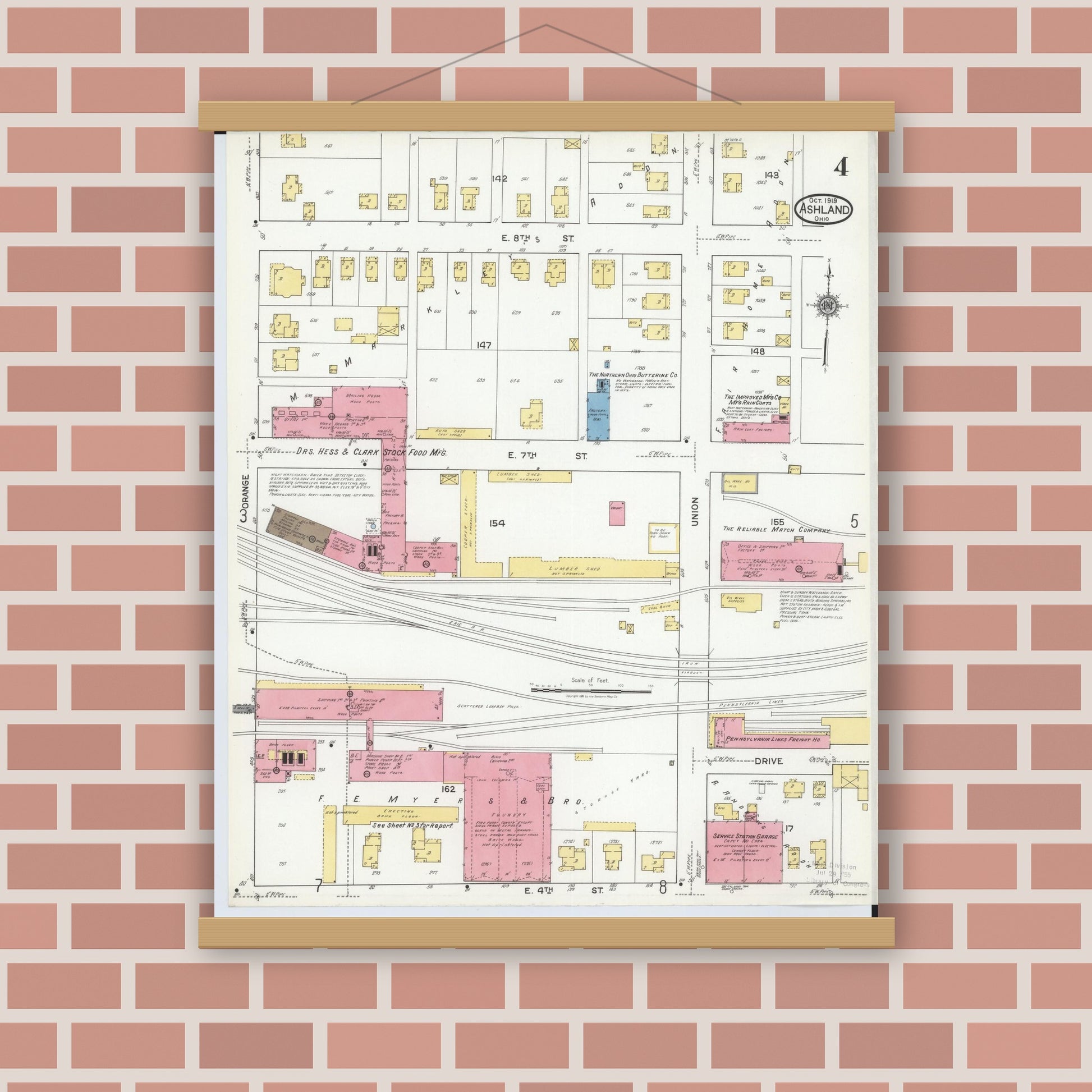 Old map wall art mockup — magnetic wood frame on brick wall — Sanborn Fire Insurance Map from Ashland, Ashland County, Ohio (1919), Sheet #0004