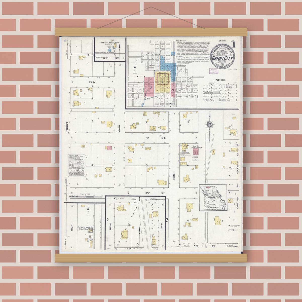Old map wall art mockup — magnetic wood frame on brick wall — Sanborn Fire Insurance Map from Grant City, Worth County, Missouri (1916) - Complete Map Set