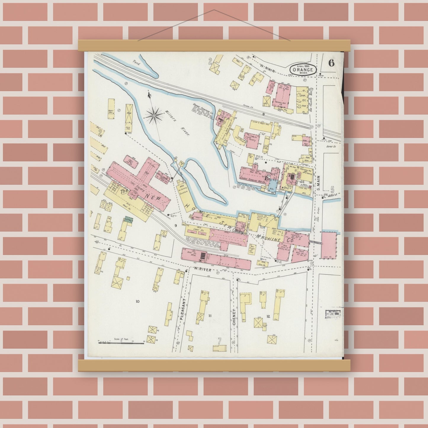 Old map wall art mockup — magnetic wood frame on brick wall — Sanborn Fire Insurance Map from Orange, Franklin County, Massachusetts (1895), Sheet #0006