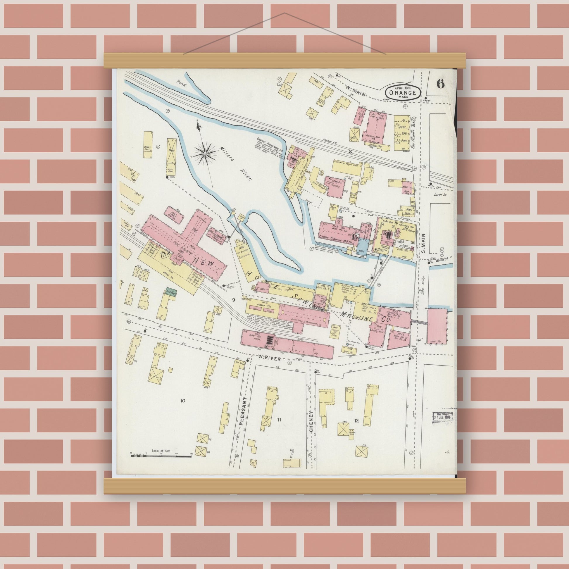 Old map wall art mockup — magnetic wood frame on brick wall — Sanborn Fire Insurance Map from Orange, Franklin County, Massachusetts (1895), Sheet #0006