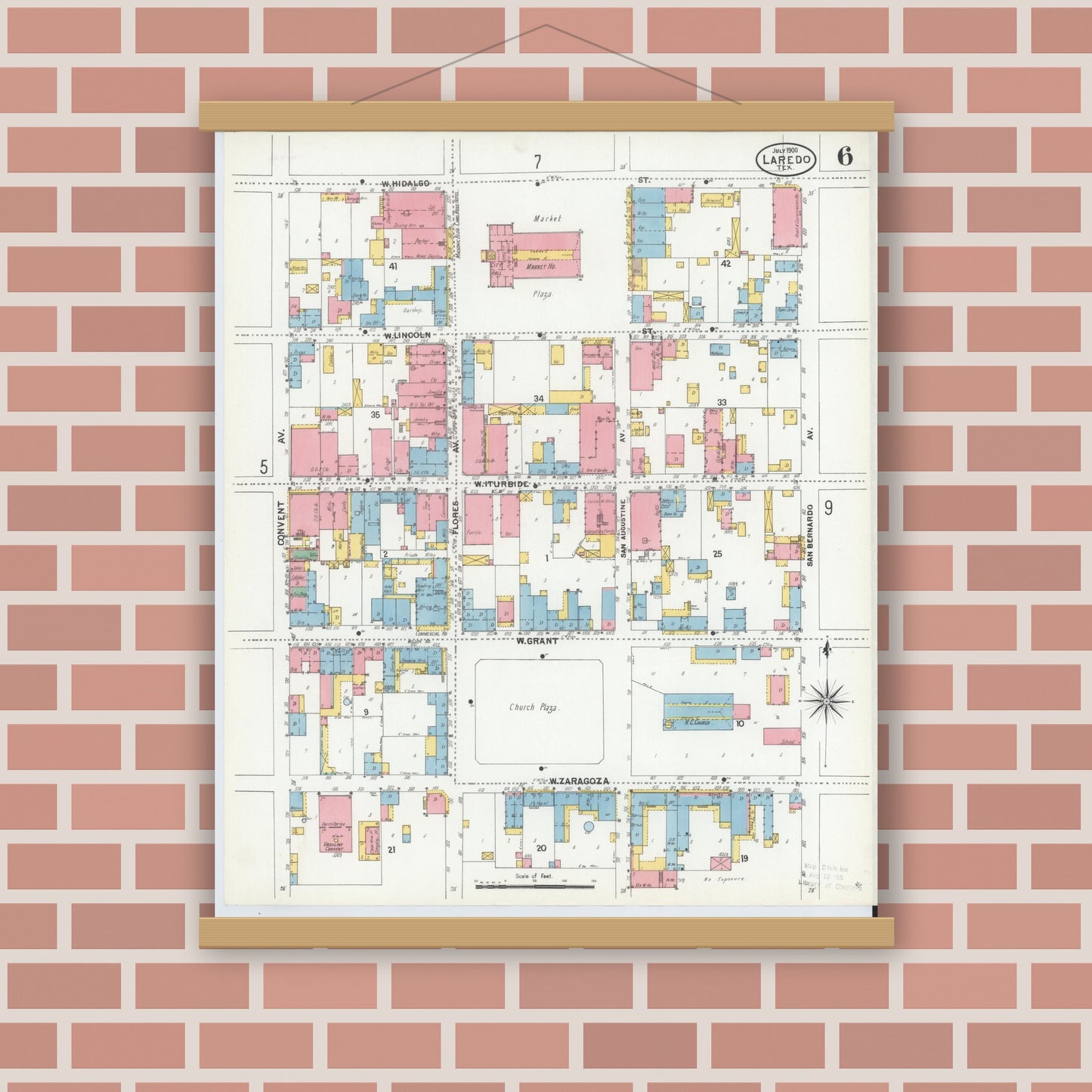 Old map wall art mockup — magnetic wood frame on brick wall — Sanborn Fire Insurance Map from Laredo, Webb County, Texas (1900), Sheet #0006