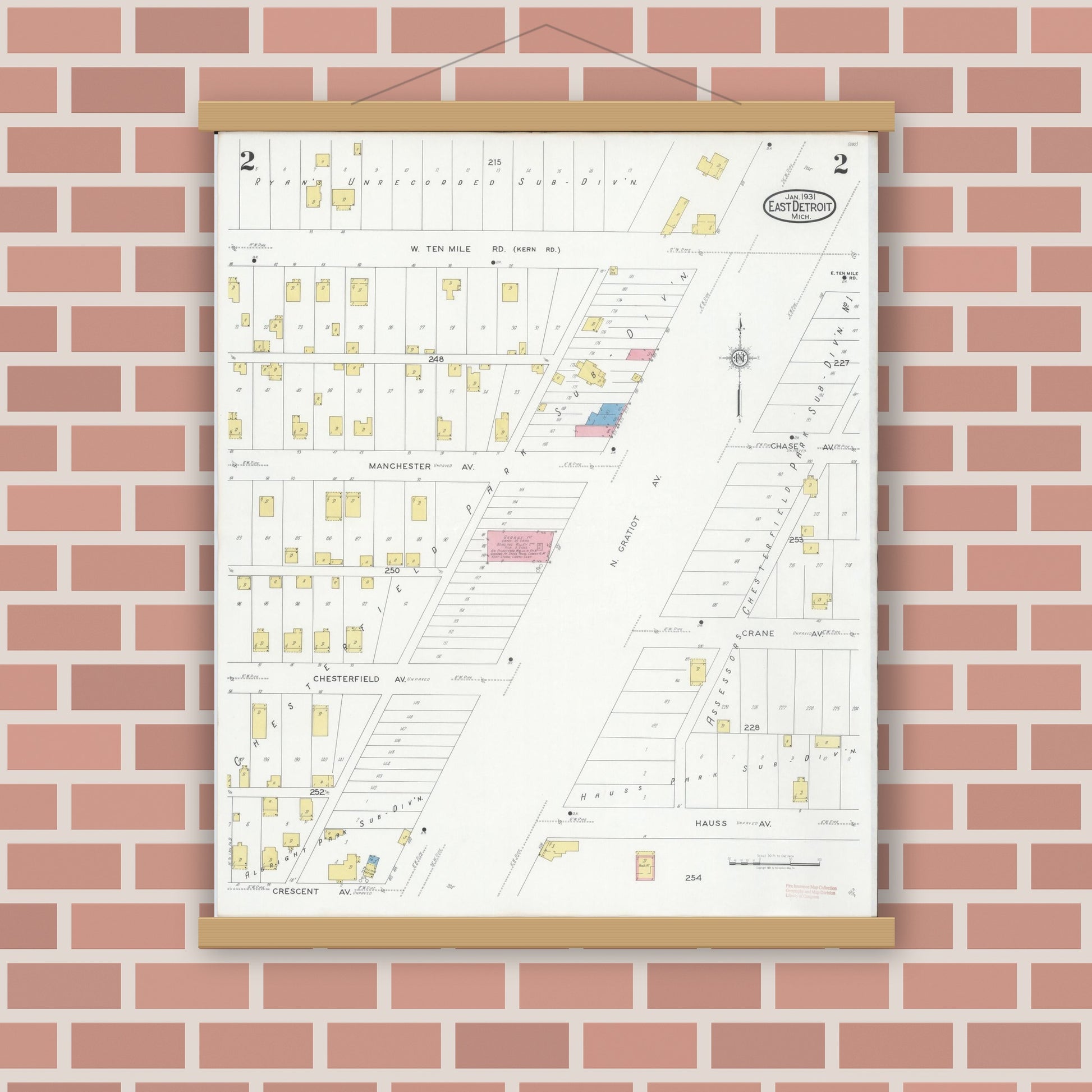 Old map wall art mockup — magnetic wood frame on brick wall — Sanborn Fire Insurance Map from East Detroit, Macomb County, Michigan (1931), Sheet #0002