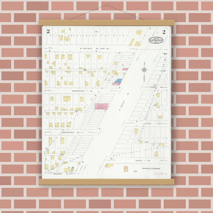 Old map wall art mockup — magnetic wood frame on brick wall — Sanborn Fire Insurance Map from East Detroit, Macomb County, Michigan (1931), Sheet #0002