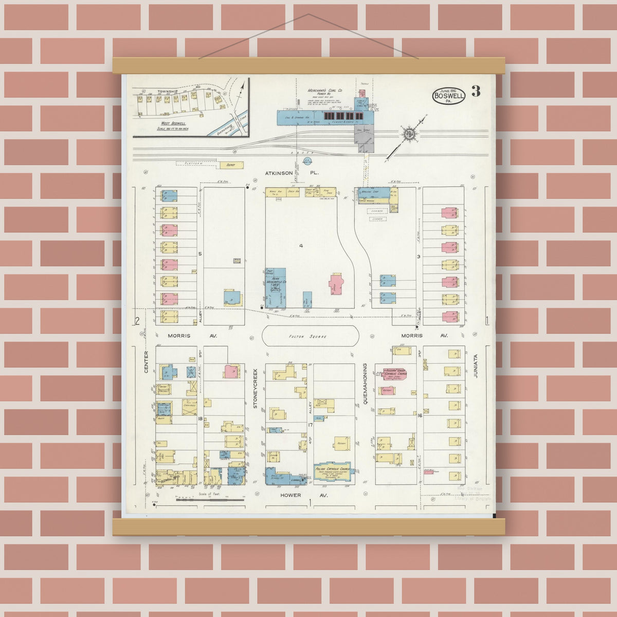 Old map wall art mockup — magnetic wood frame on brick wall — Sanborn Fire Insurance Map from Boswell, Somerset County, Pennsylvania (1916), Sheet #0003