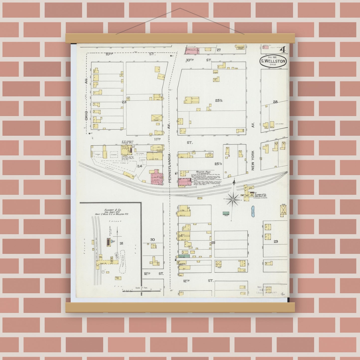 Old map wall art mockup — magnetic wood frame on brick wall — Sanborn Fire Insurance Map from Wellston, Jackson County, Ohio (1892), Sheet #0004
