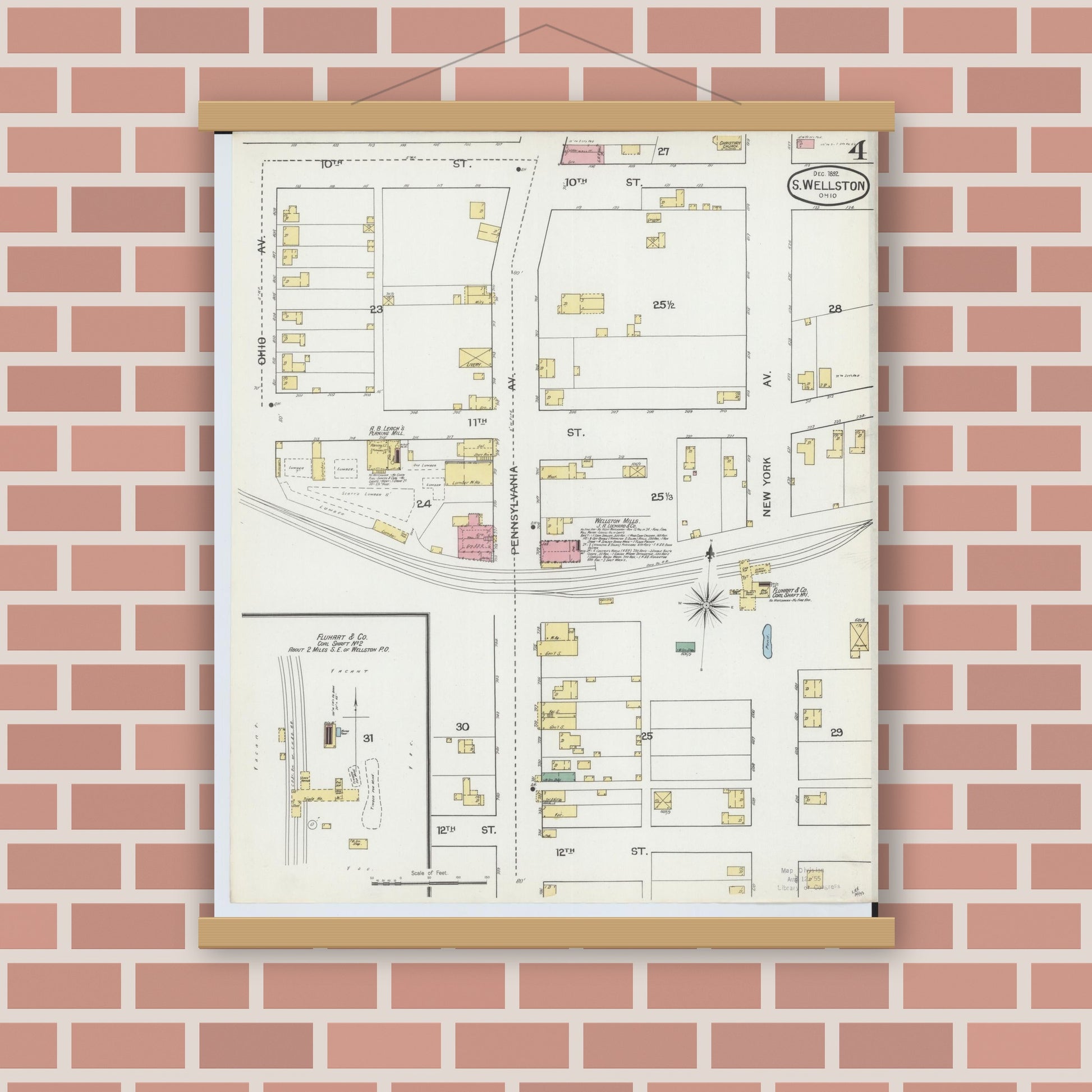 Old map wall art mockup — magnetic wood frame on brick wall — Sanborn Fire Insurance Map from Wellston, Jackson County, Ohio (1892), Sheet #0004