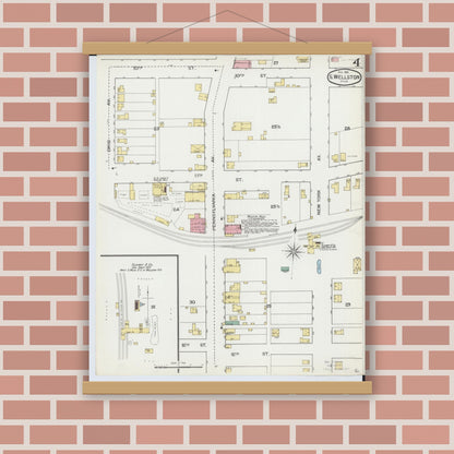 Old map wall art mockup — magnetic wood frame on brick wall — Sanborn Fire Insurance Map from Wellston, Jackson County, Ohio (1892), Sheet #0004