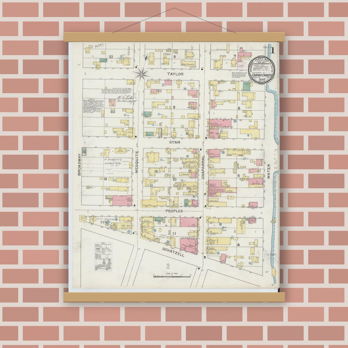 Old map wall art mockup — magnetic wood frame on brick wall — Sanborn Fire Insurance Map from Corpus Christi, Nueces County, Texas (1894) - Complete Map Set