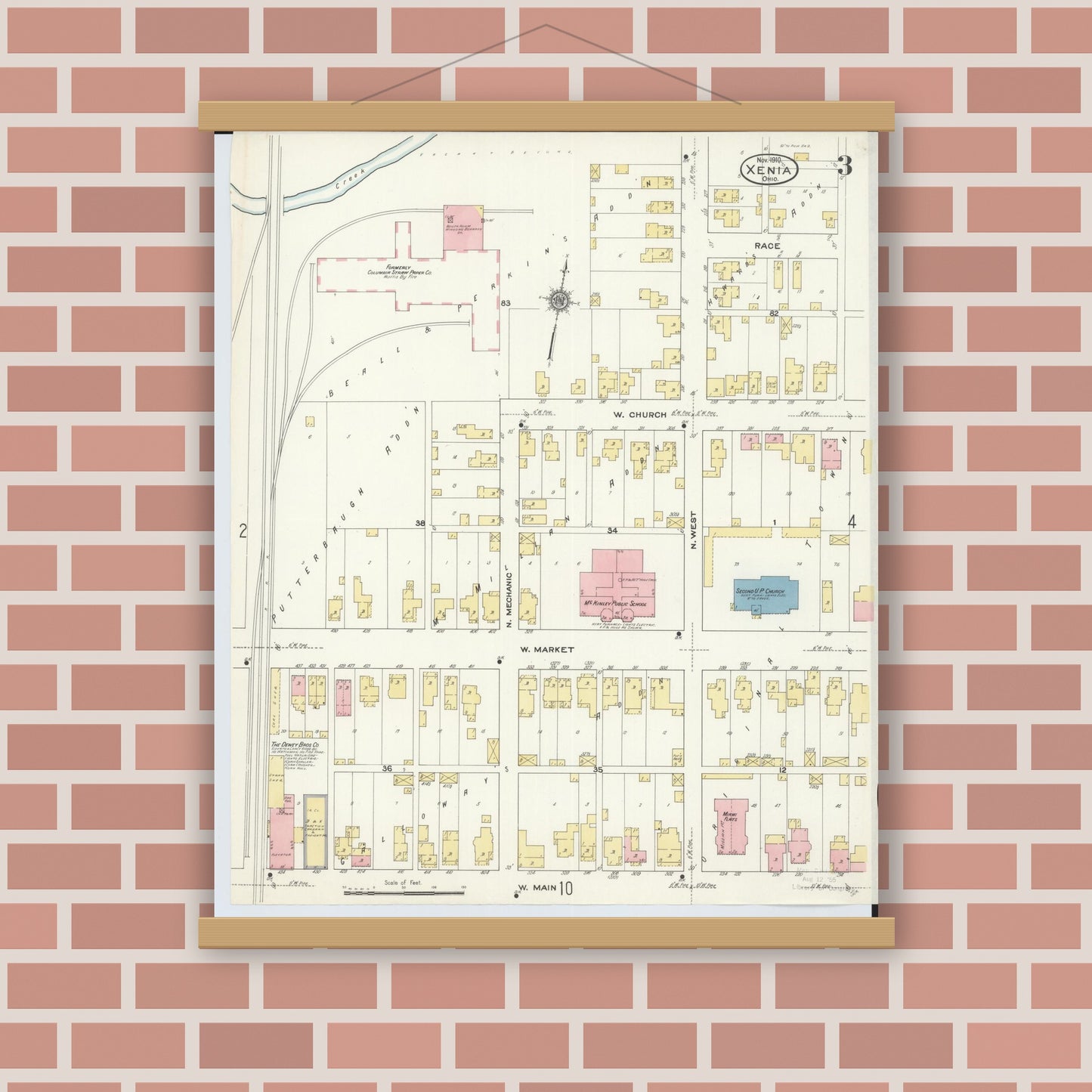 Old map wall art mockup — magnetic wood frame on brick wall — Sanborn Fire Insurance Map from Xenia, Greene County, Ohio (1910), Sheet #0003