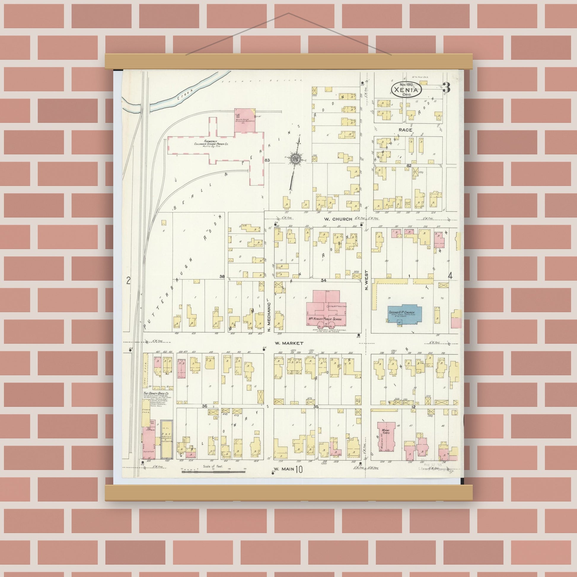 Old map wall art mockup — magnetic wood frame on brick wall — Sanborn Fire Insurance Map from Xenia, Greene County, Ohio (1910), Sheet #0003