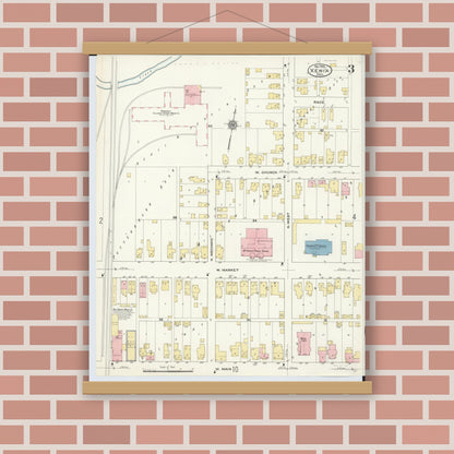 Old map wall art mockup — magnetic wood frame on brick wall — Sanborn Fire Insurance Map from Xenia, Greene County, Ohio (1910), Sheet #0003