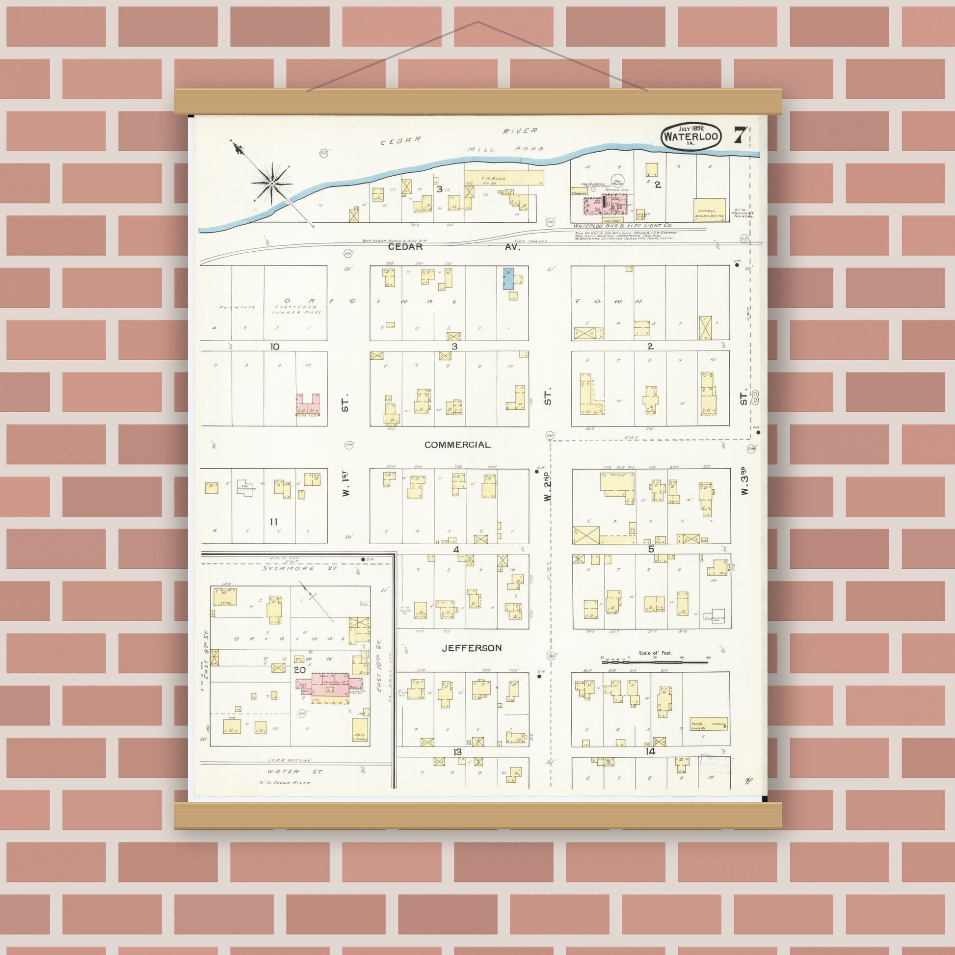 Old map wall art mockup — magnetic wood frame on brick wall — Sanborn Fire Insurance Map from Waterloo, Black Hawk County, Iowa (1892), Sheet #0007