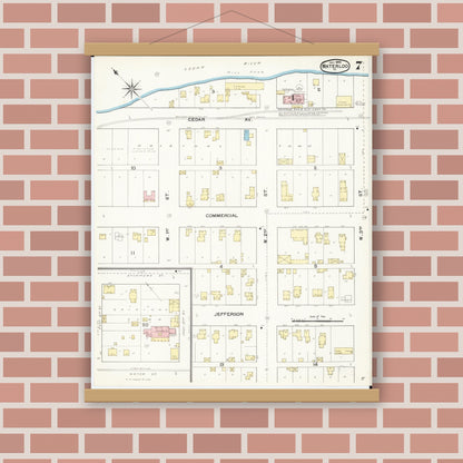 Old map wall art mockup — magnetic wood frame on brick wall — Sanborn Fire Insurance Map from Waterloo, Black Hawk County, Iowa (1892), Sheet #0007