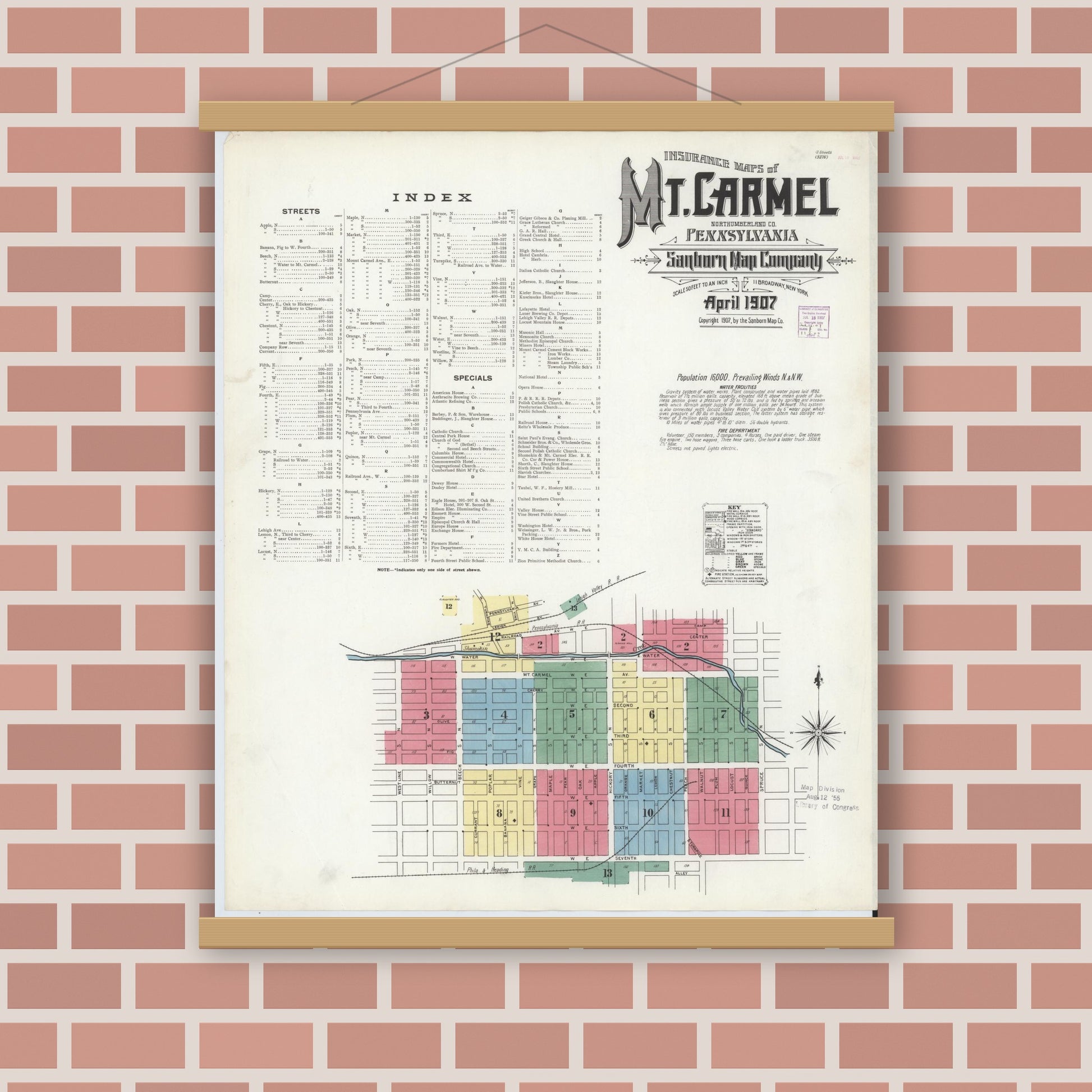 Old map wall art mockup — magnetic wood frame on brick wall — Sanborn Fire Insurance Map from Mount Carmel, Northumberland County, Pennsylvania (1907), Sheet #0001