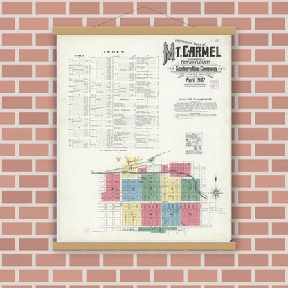 Old map wall art mockup — magnetic wood frame on brick wall — Sanborn Fire Insurance Map from Mount Carmel, Northumberland County, Pennsylvania (1907), Sheet #0001