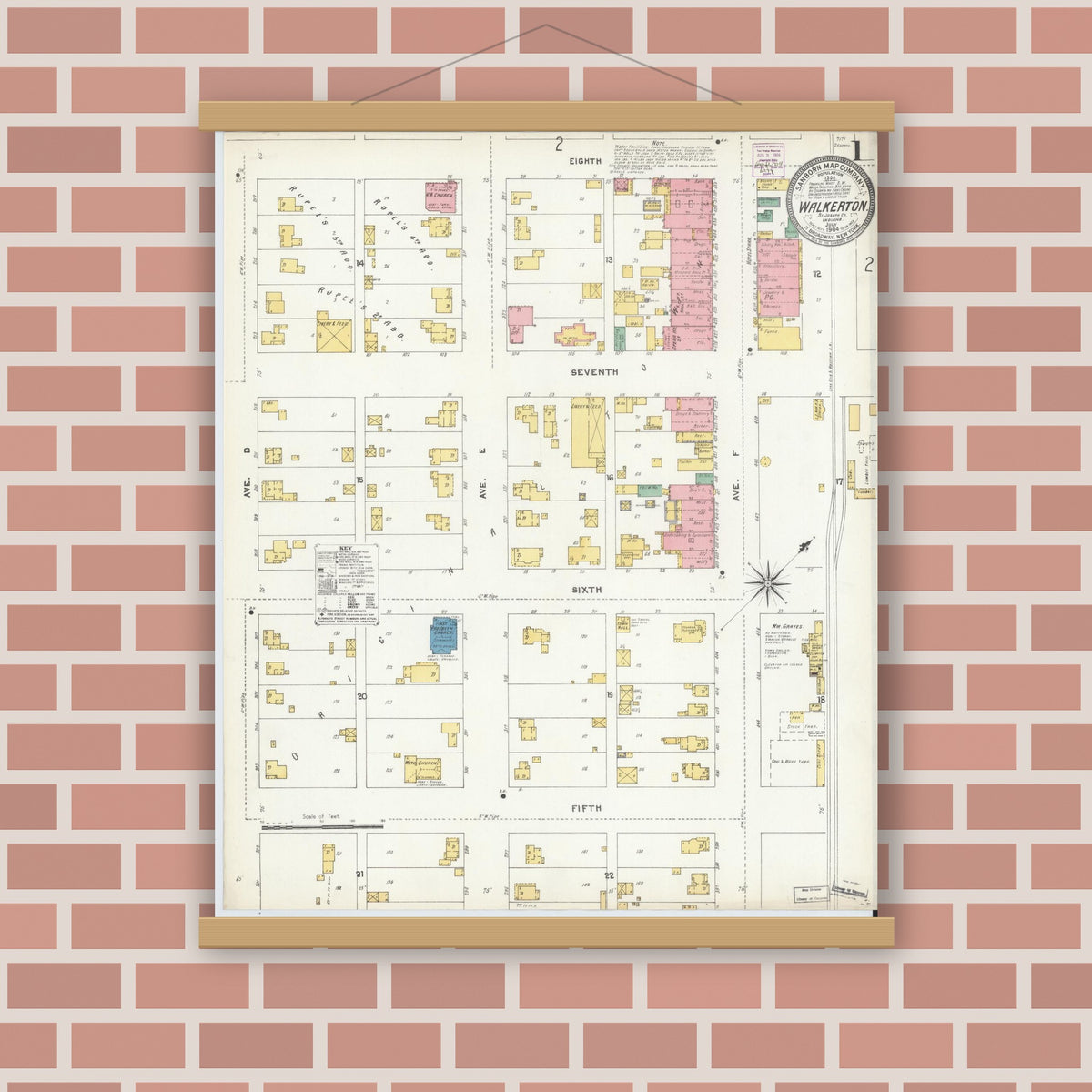 Old map wall art mockup — magnetic wood frame on brick wall — Sanborn Fire Insurance Map from Walkerton, Saint Joseph County, Indiana (1904), Sheet #0001