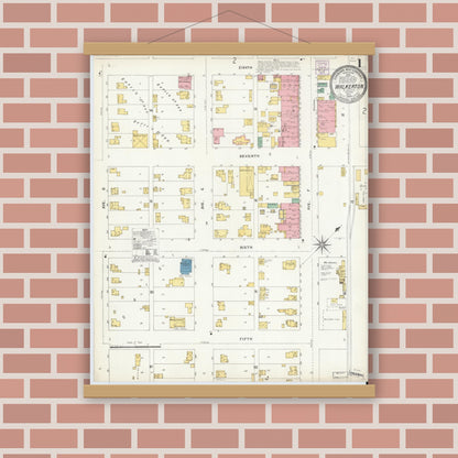 Old map wall art mockup — magnetic wood frame on brick wall — Sanborn Fire Insurance Map from Walkerton, Saint Joseph County, Indiana (1904), Sheet #0001