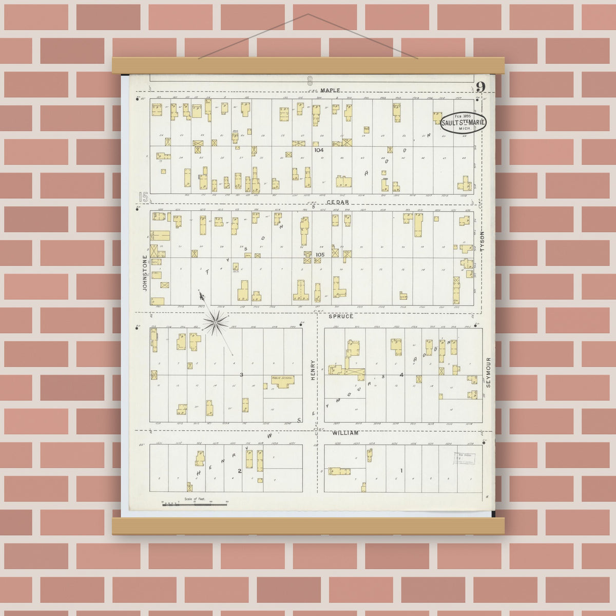 Old map wall art mockup — magnetic wood frame on brick wall — Sanborn Fire Insurance Map from Sault Sainte Marie, Chippewa County, Michigan (1895), Sheet #0009