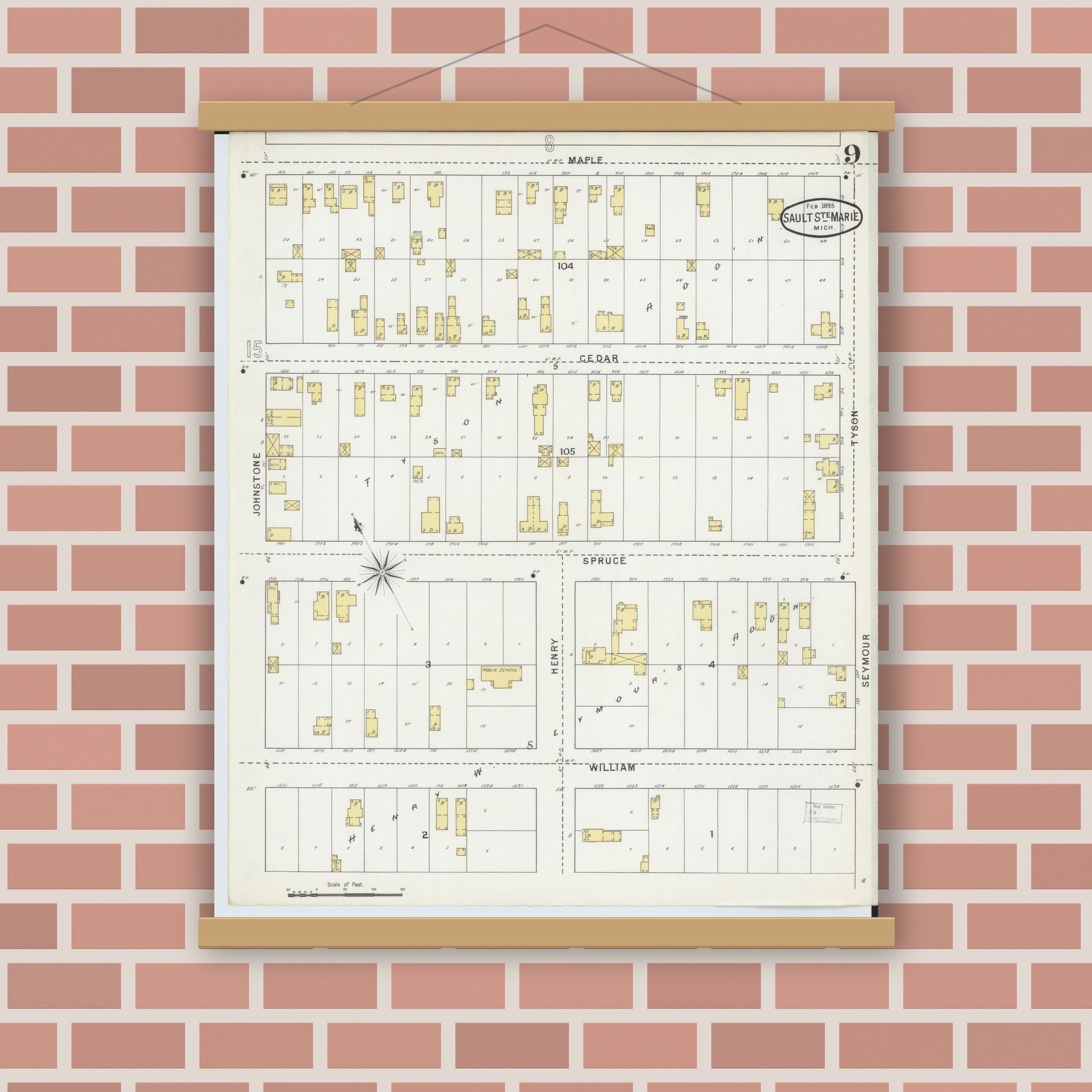 Old map wall art mockup — magnetic wood frame on brick wall — Sanborn Fire Insurance Map from Sault Sainte Marie, Chippewa County, Michigan (1895), Sheet #0009