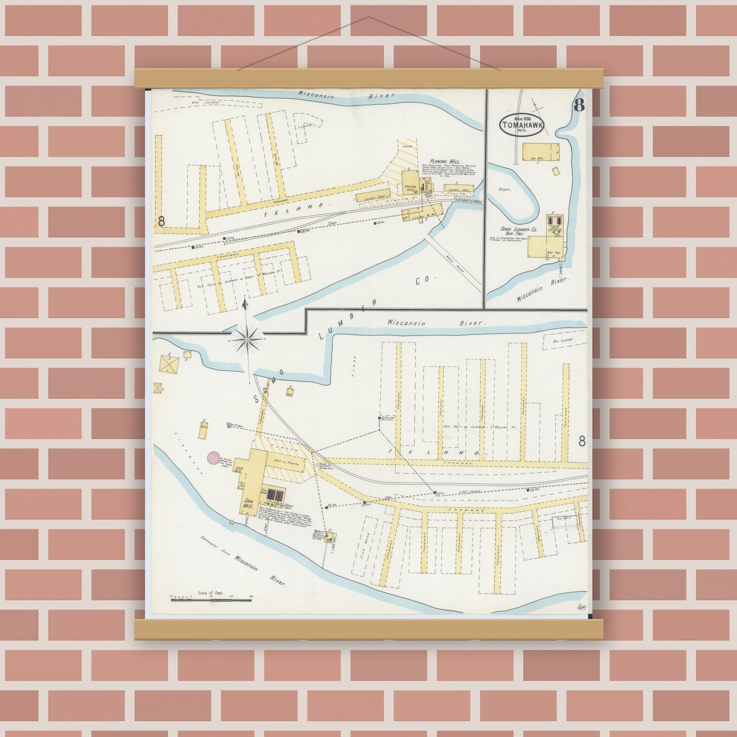 Old map wall art mockup — magnetic wood frame on brick wall — Sanborn Fire Insurance Map from Tomahawk, Lincoln County, Wisconsin (1898), Sheet #0008