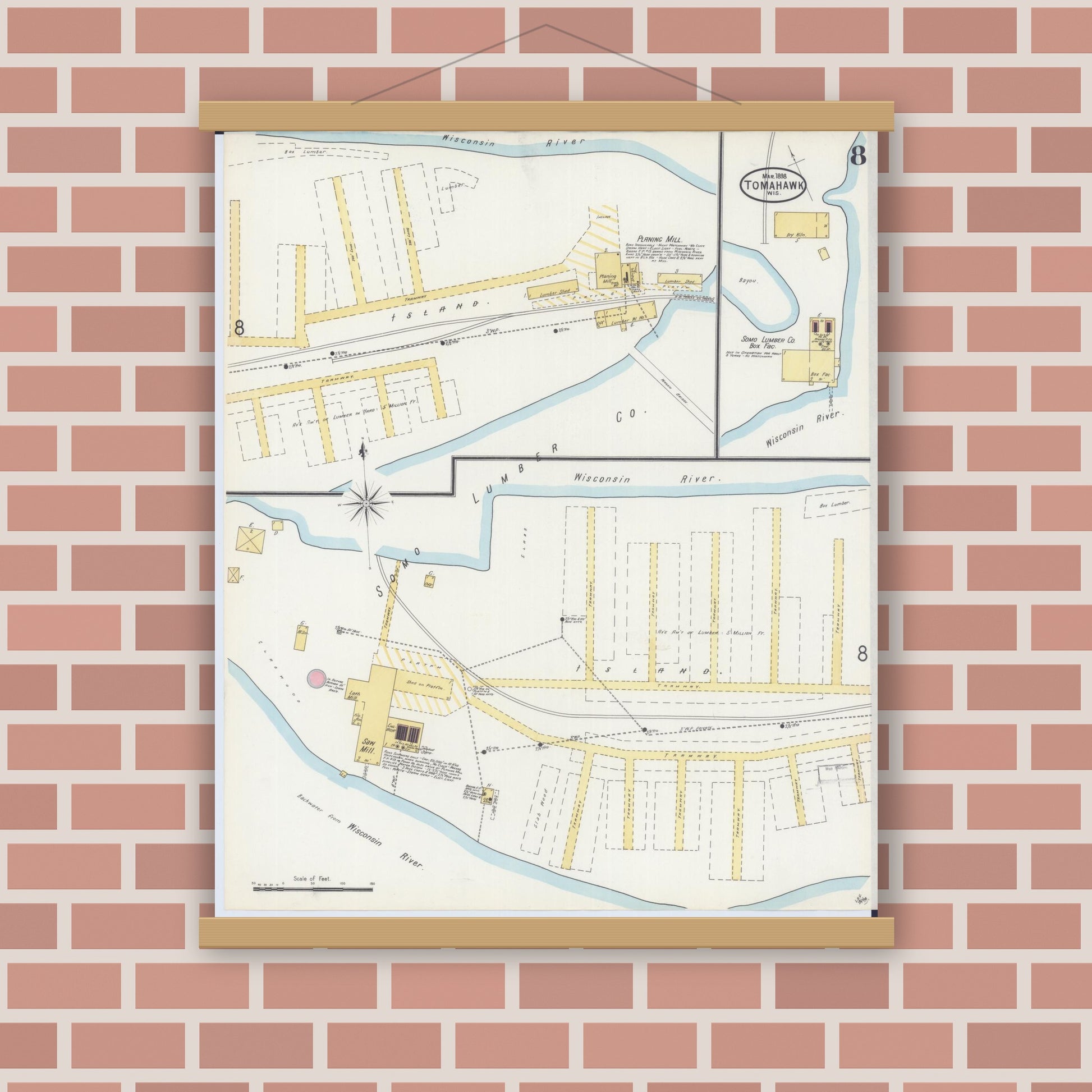 Old map wall art mockup — magnetic wood frame on brick wall — Sanborn Fire Insurance Map from Tomahawk, Lincoln County, Wisconsin (1898), Sheet #0008