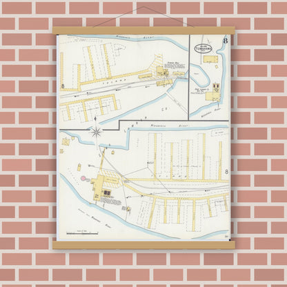 Old map wall art mockup — magnetic wood frame on brick wall — Sanborn Fire Insurance Map from Tomahawk, Lincoln County, Wisconsin (1898), Sheet #0008