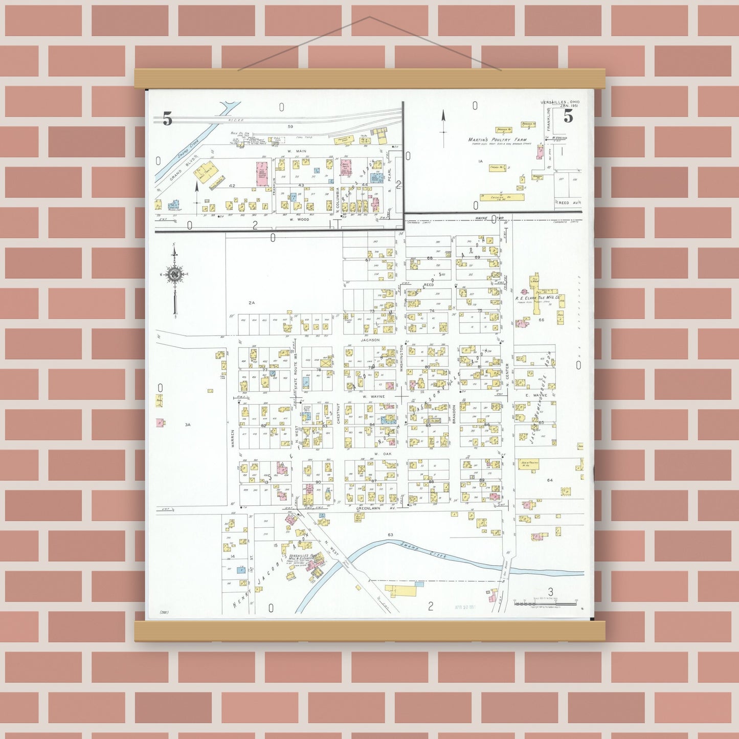 Old map wall art mockup — magnetic wood frame on brick wall — Sanborn Fire Insurance Map from Versailles, Darke County, Ohio (1951), Sheet #0005