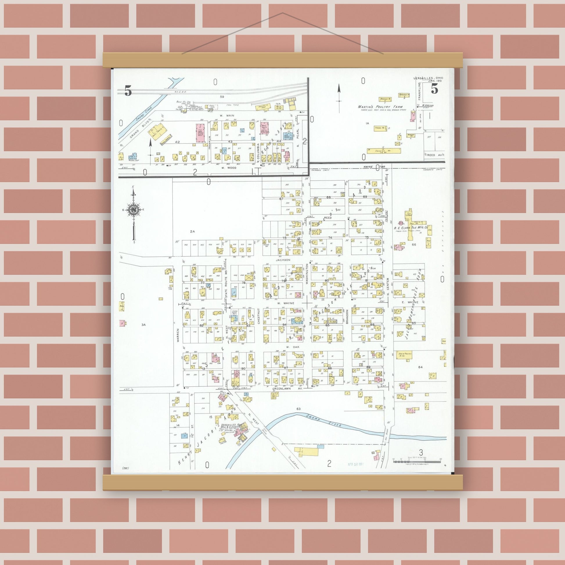 Old map wall art mockup — magnetic wood frame on brick wall — Sanborn Fire Insurance Map from Versailles, Darke County, Ohio (1951), Sheet #0005