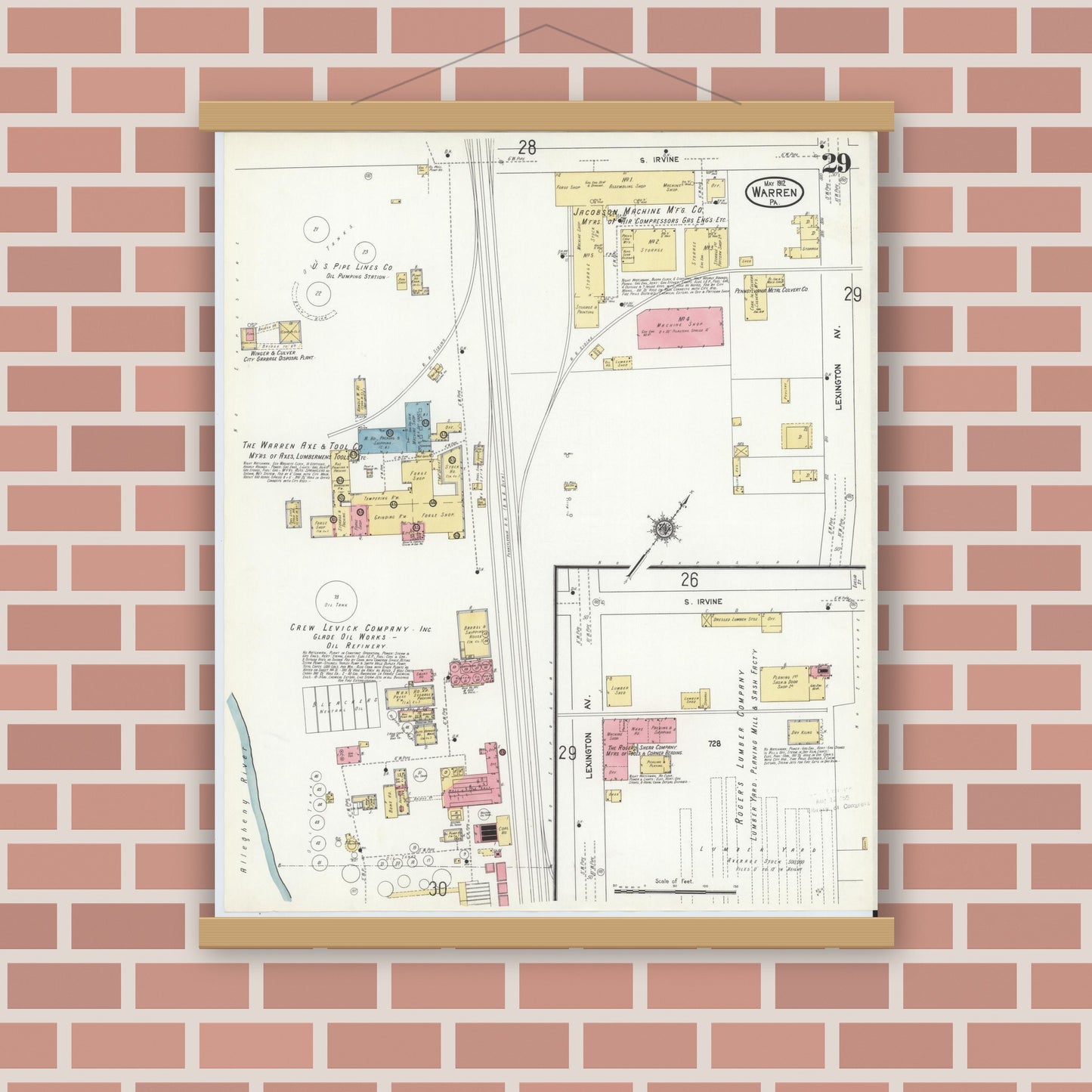 Old map wall art mockup — magnetic wood frame on brick wall — Sanborn Fire Insurance Map from Warren, Warren County, Pennsylvania (1912), Sheet #0029