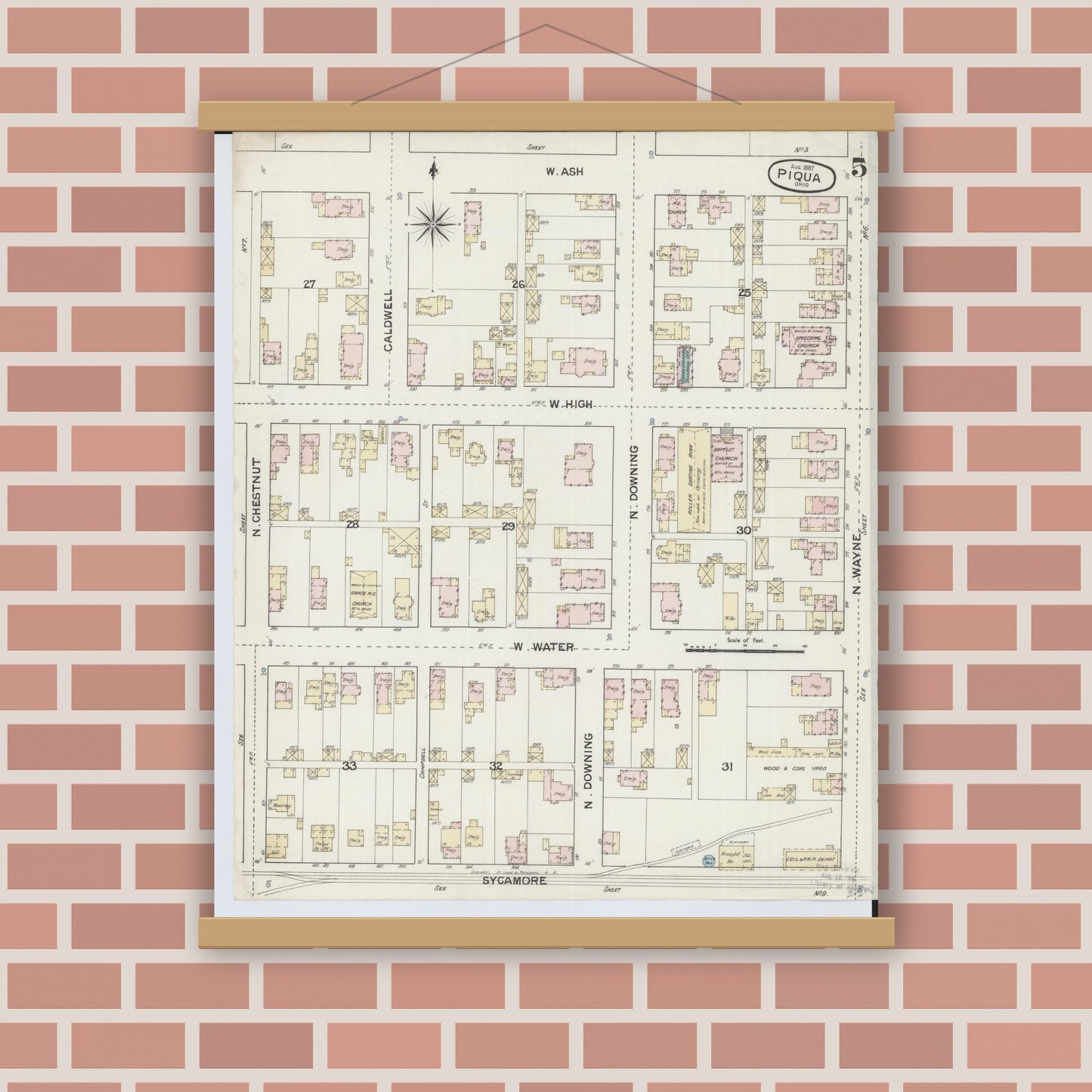 Old map wall art mockup — magnetic wood frame on brick wall — Sanborn Fire Insurance Map from Piqua, Miami County, Ohio (1887), Sheet #0005