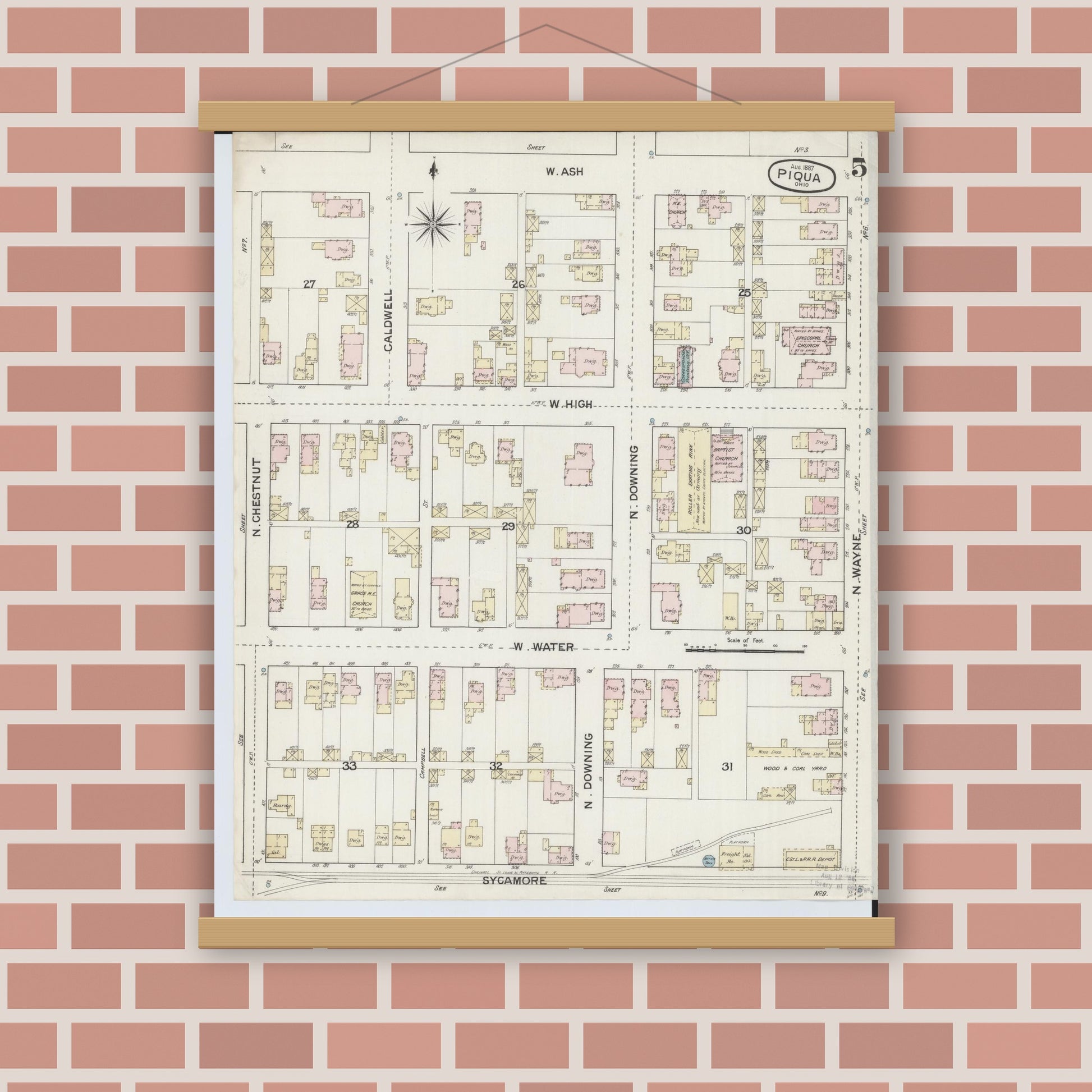 Old map wall art mockup — magnetic wood frame on brick wall — Sanborn Fire Insurance Map from Piqua, Miami County, Ohio (1887), Sheet #0005